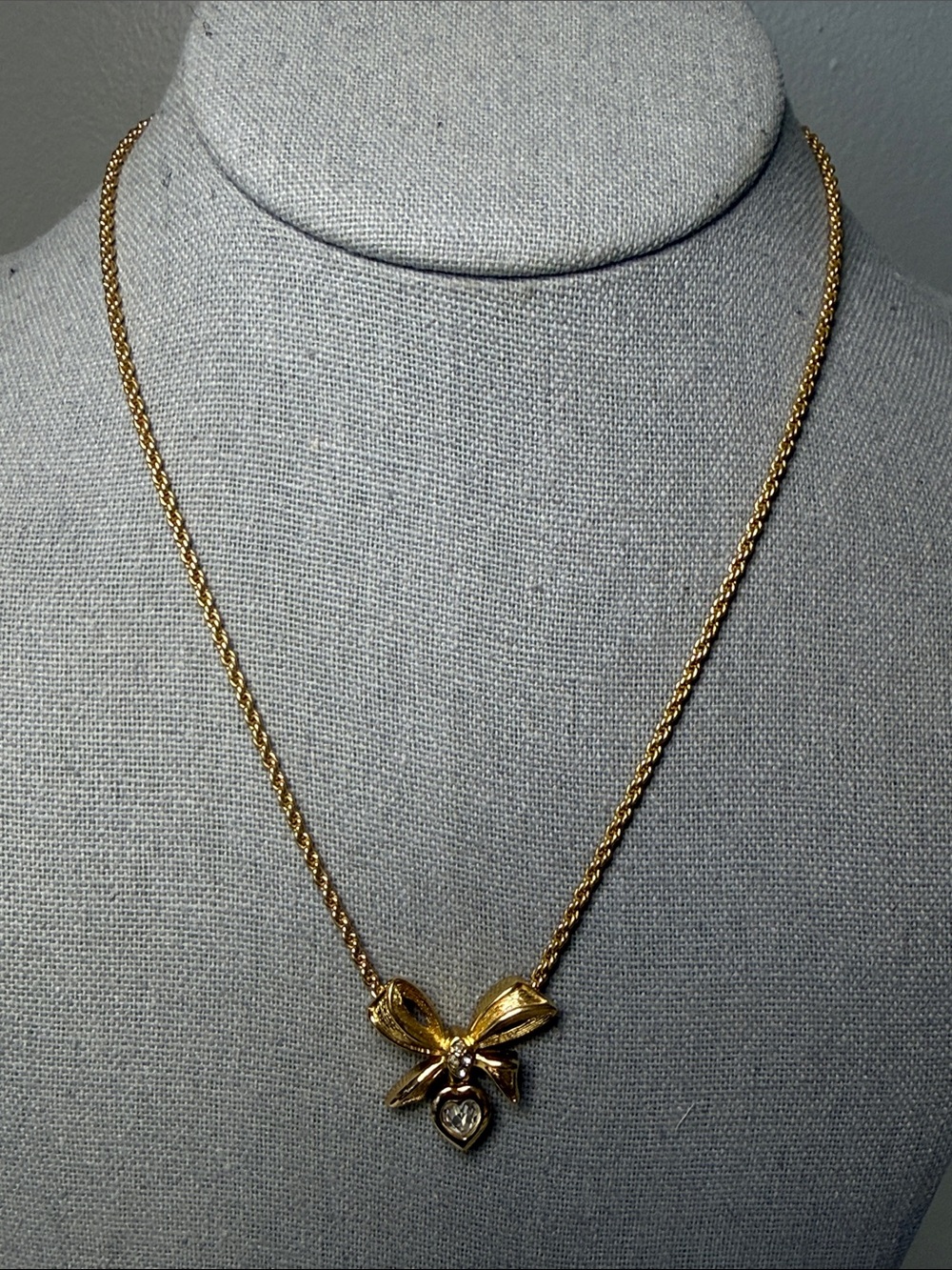 Christian Dior Ribbon Heart Rhinestone Gold Tone Pendant Necklace